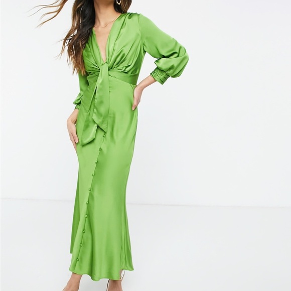 ASOS Design Satin Tie Front Size 4 Midi Dress Green Evening Lightweight Glam‎ - Picture 2 of 15
